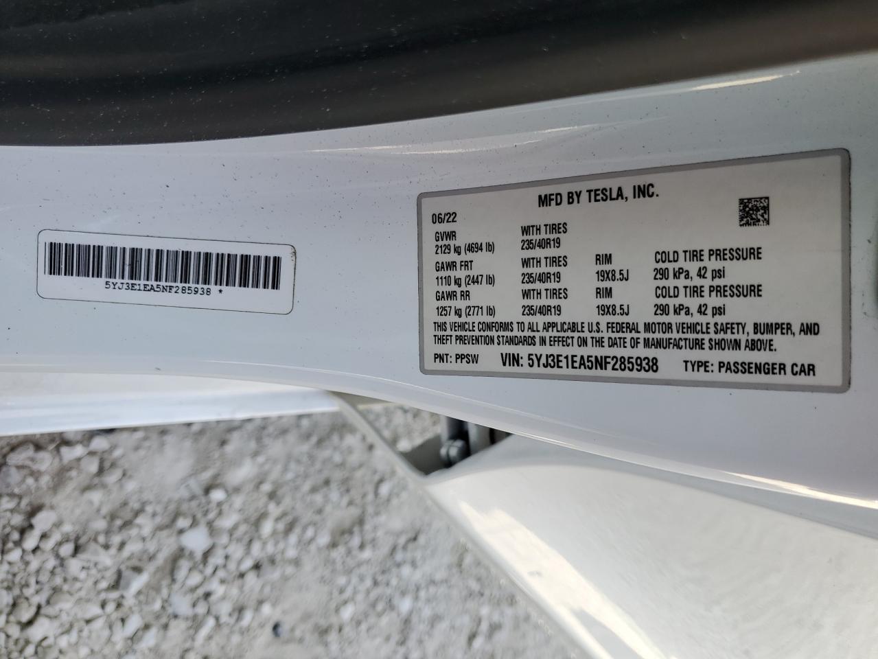 2022 TESLA MODEL 3 VIN:5YJ3E1EA5NF285938