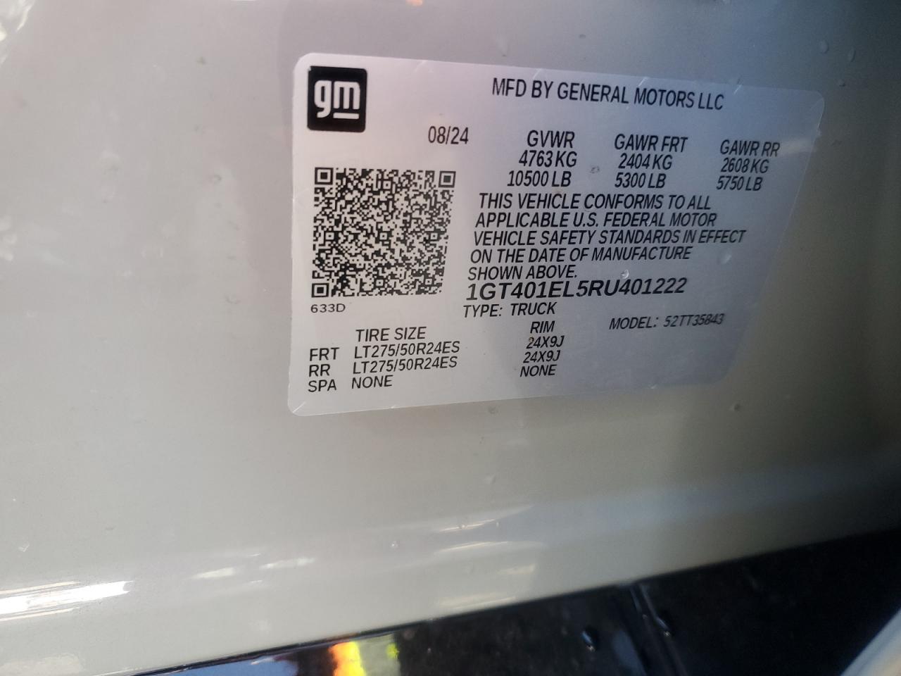 2024 GMC SIERRA DENALI VIN:1GT401EL5RU401222