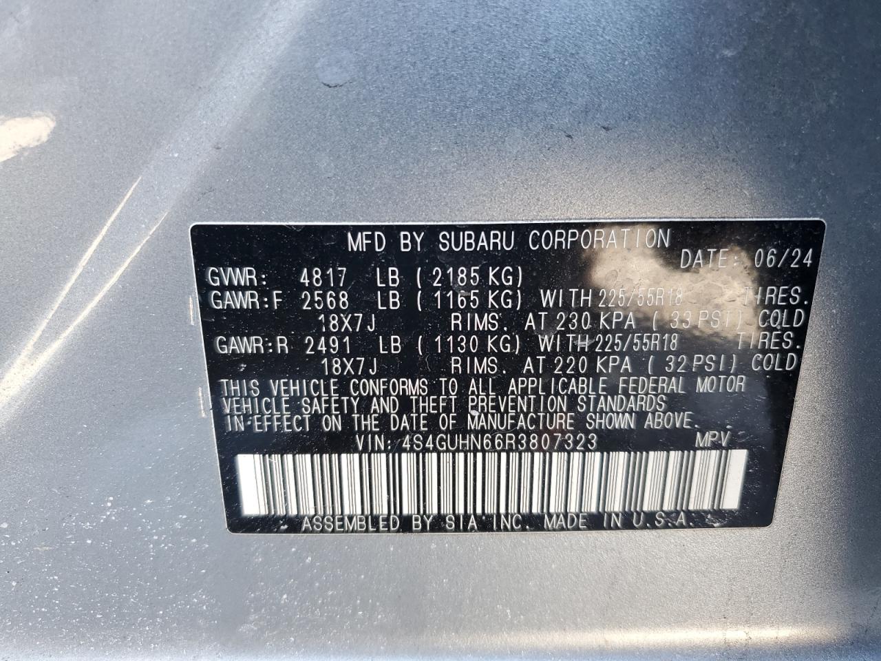 2024 SUBARU CROSSTREK LIMITED VIN:4S4GUHN66R3807323