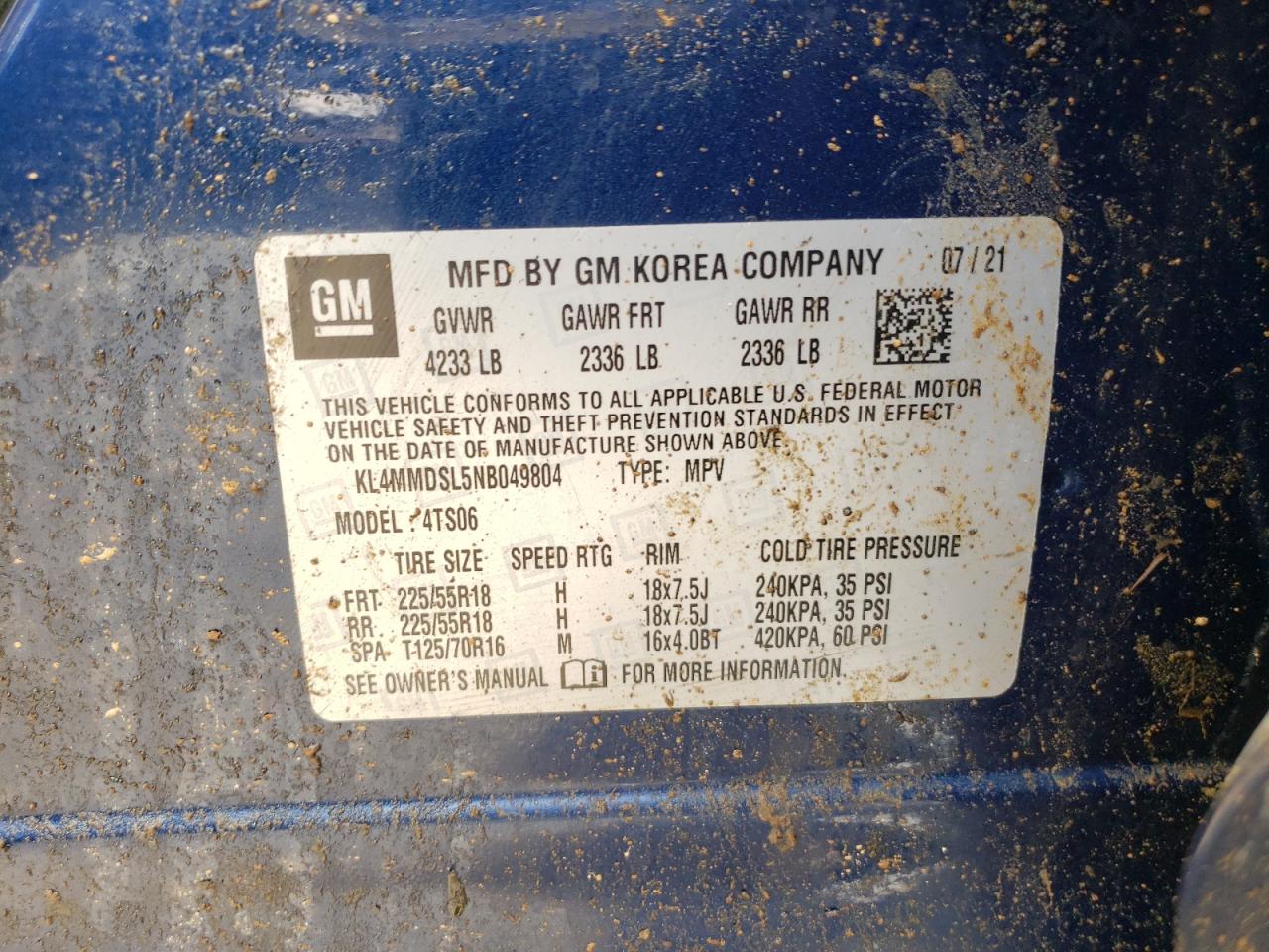 2022 BUICK ENCORE GX SELECT VIN:KL4MMDSL5NB049804