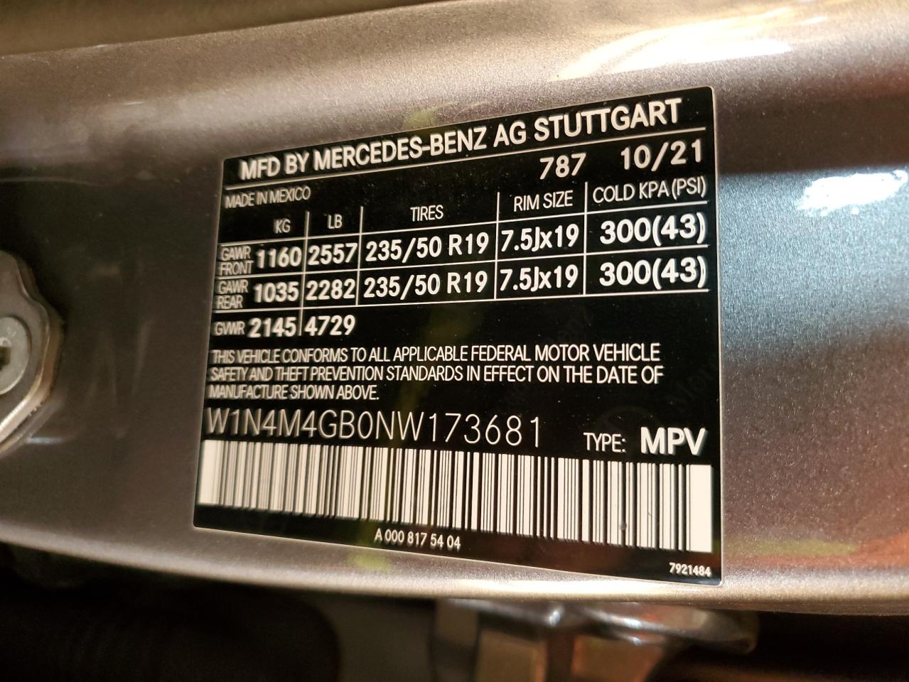 2022 MERCEDES-BENZ GLB 250 VIN:W1N4M4GB0NW173681