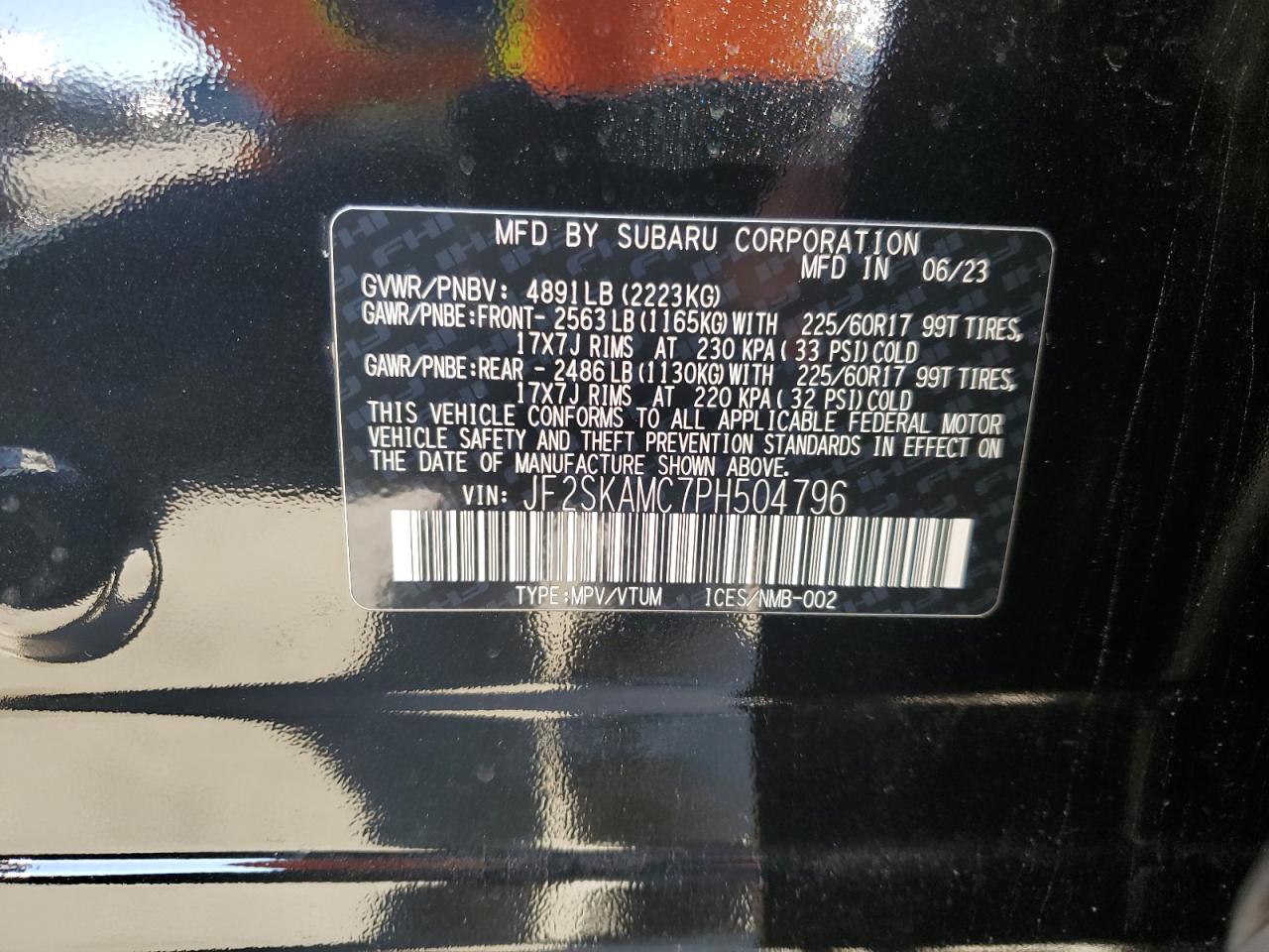 2023 SUBARU FORESTER WILDERNESS VIN:JF2SKAMC7PH504796