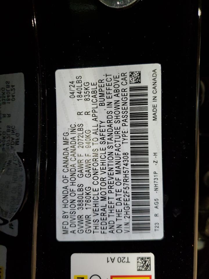 2024 HONDA CIVIC SPORT VIN:2HGFE2F57RH574308