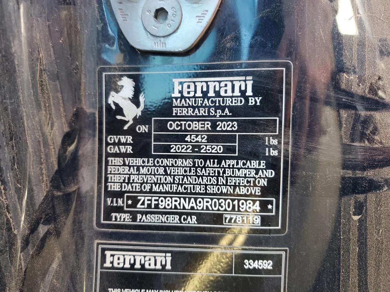 2024 FERRARI ROMA VIN:ZFF98RNA9R0301984