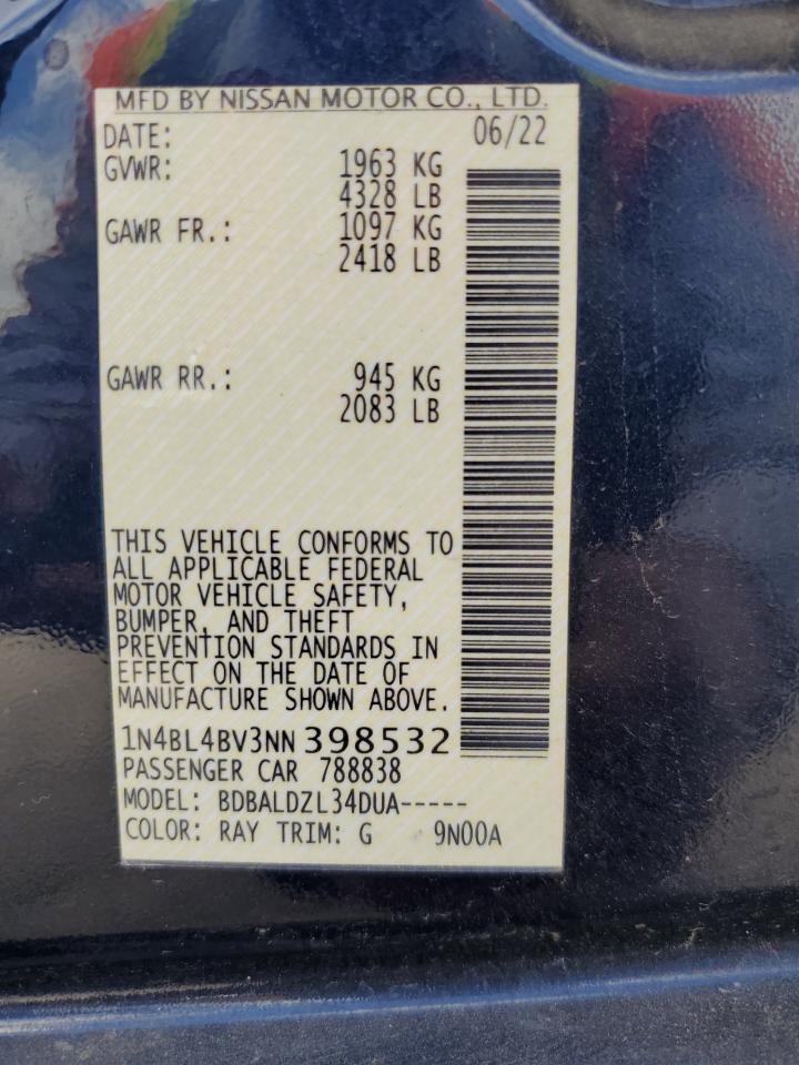 2022 NISSAN ALTIMA S VIN:1N4BL4BV3NN398532