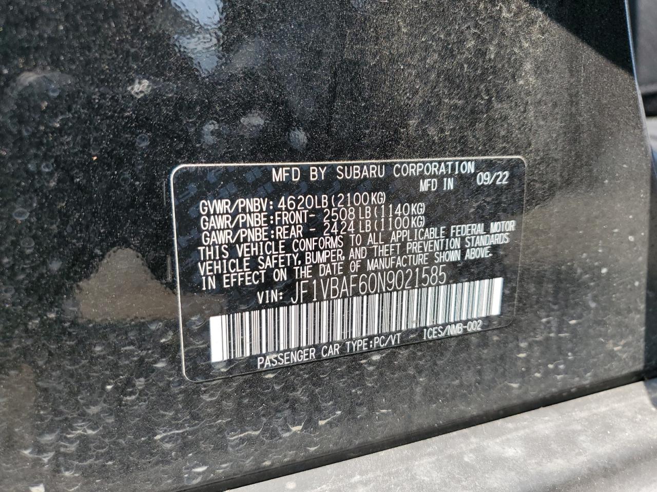 2022 SUBARU WRX PREMIUM VIN:JF1VBAF60N9021585