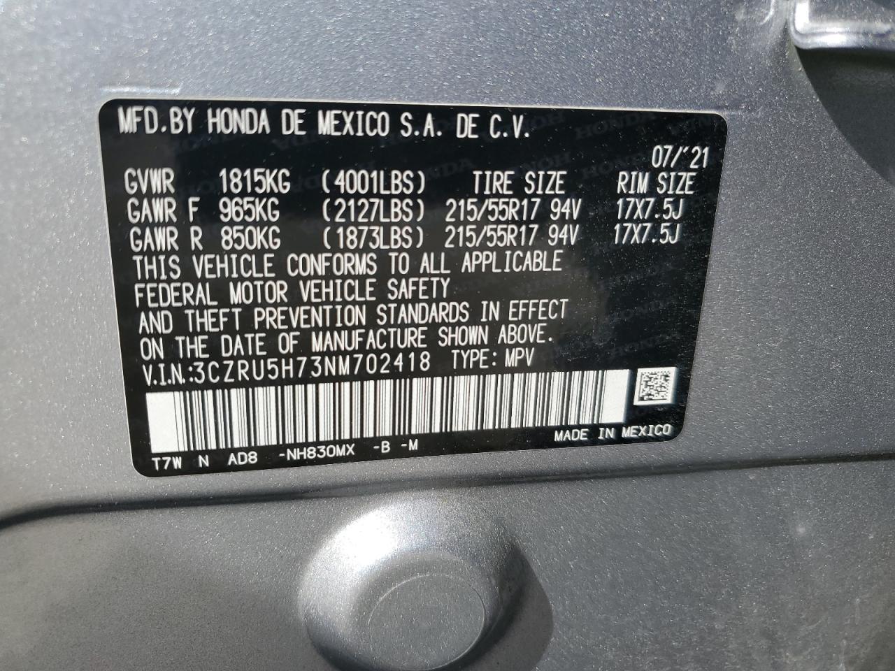 2022 HONDA HR-V EXL VIN:3CZRU5H73NM702418