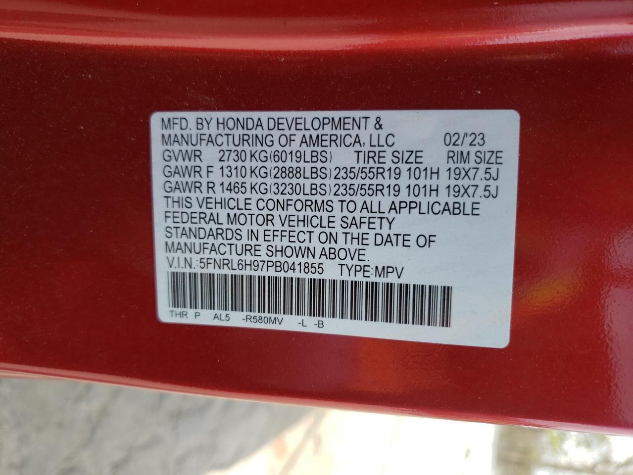 2023 HONDA ODYSSEY ELITE VIN:5FNRL6H97PB041855