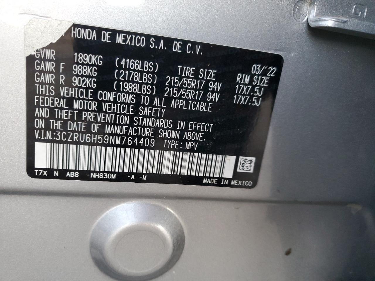 2022 HONDA HR-V EX VIN:3CZRU6H59NM764409