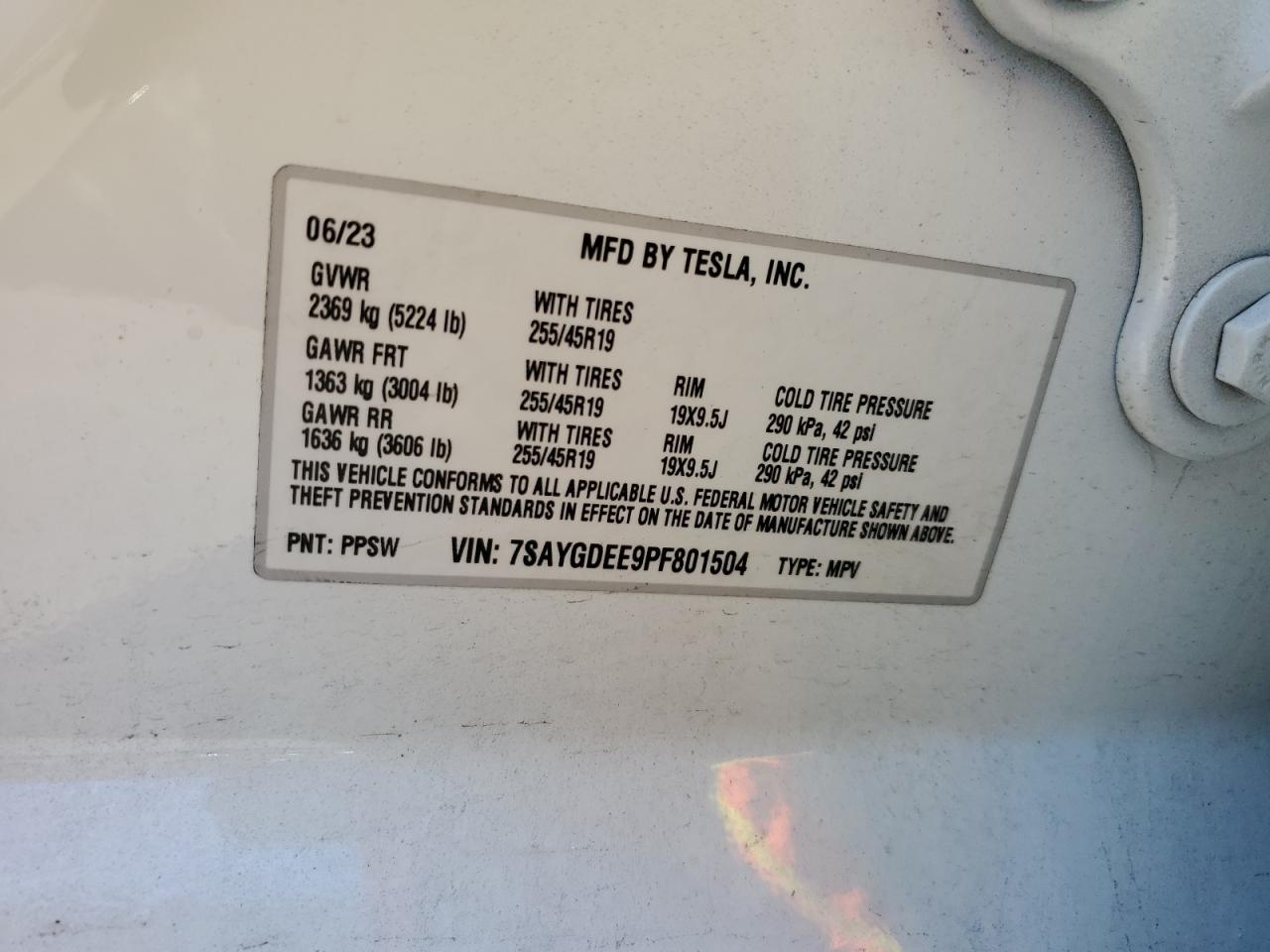2023 TESLA MODEL Y VIN:7SAYGDEE9PF801504