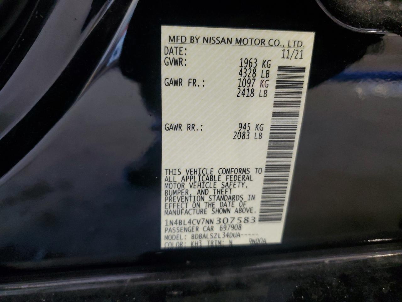 2022 NISSAN ALTIMA SR VIN:1N4BL4CV7NN307583