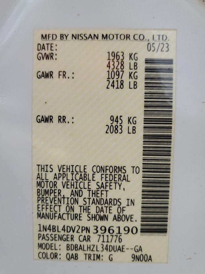 2023 NISSAN ALTIMA SV VIN:1N4BL4DV2PN396190
