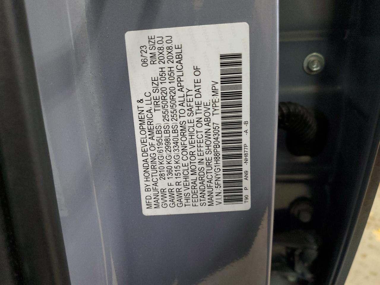 2023 HONDA PILOT ELITE VIN:5FNYG1H88PB043057