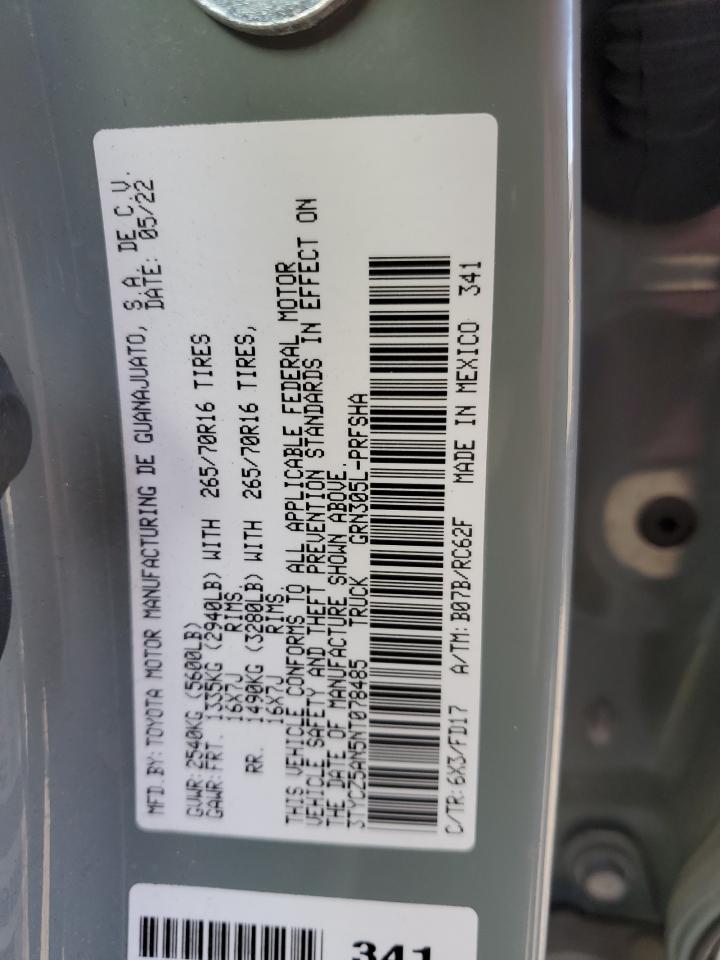 2022 TOYOTA TACOMA DOUBLE CAB VIN:3TYCZ5AN5NT078485