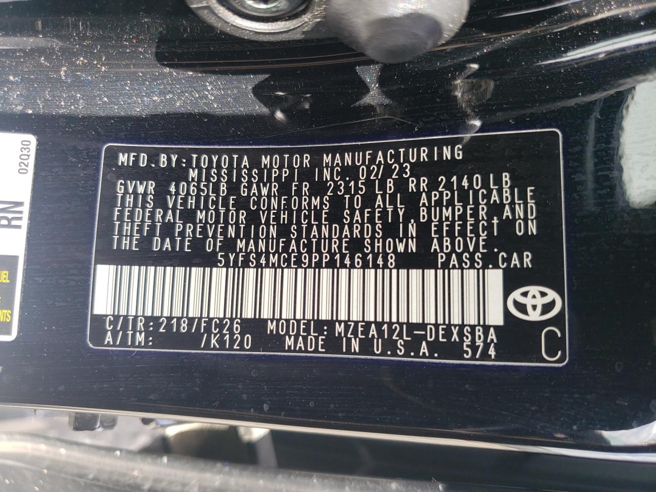 2023 TOYOTA COROLLA SE VIN:5YFS4MCE9PP146148
