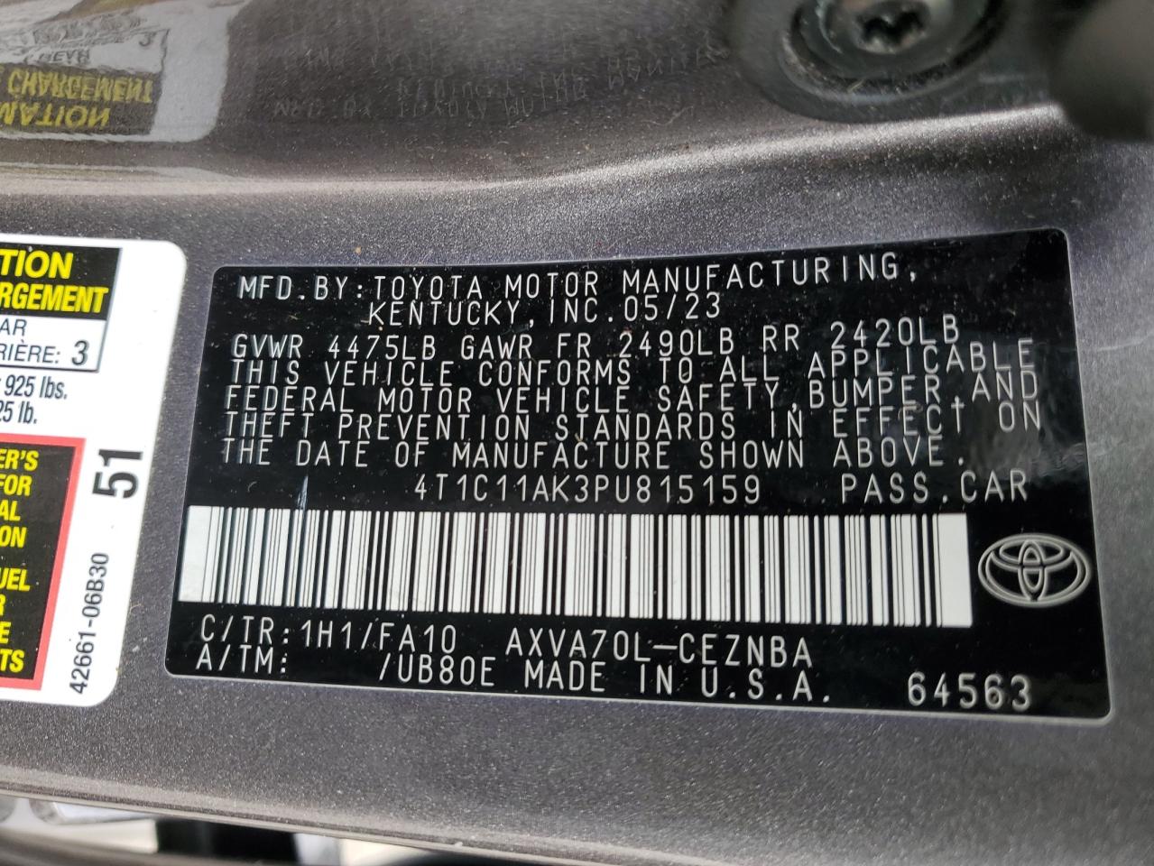 2023 TOYOTA CAMRY LE VIN:4T1C11AK3PU815159
