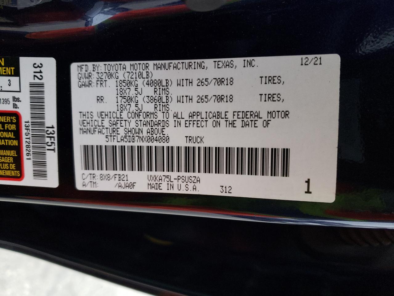 2022 TOYOTA TUNDRA CREWMAX SR VIN:5TFLA5DB7NX004080