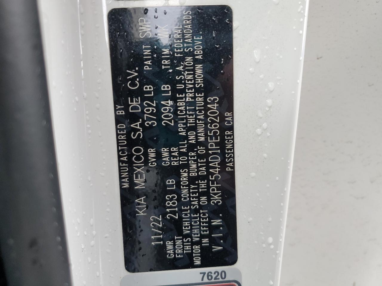 2023 KIA FORTE GT LINE VIN:3KPF54AD1PE562043
