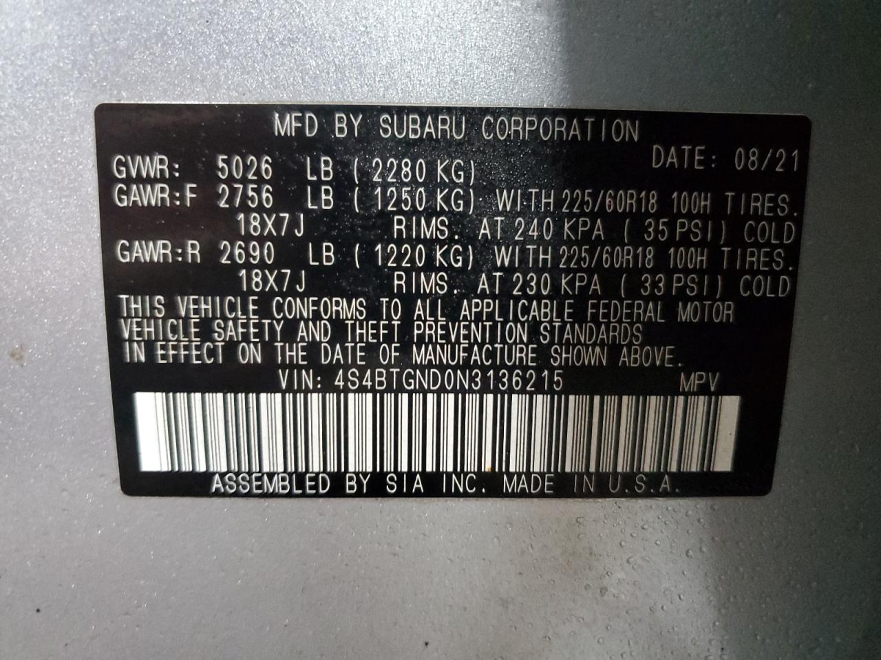 2022 SUBARU OUTBACK LIMITED XT VIN:4S4BTGND0N3136215
