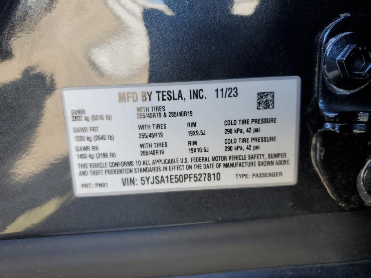 2023 TESLA MODEL S VIN:5YJSA1E50PF527810