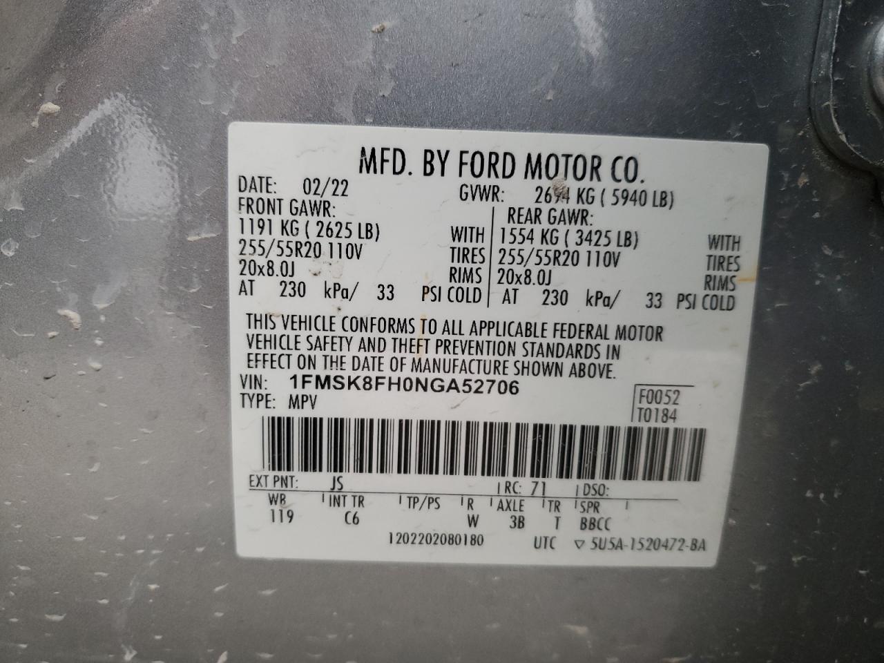 2022 FORD EXPLORER LIMITED VIN:1FMSK8FH0NGA52706