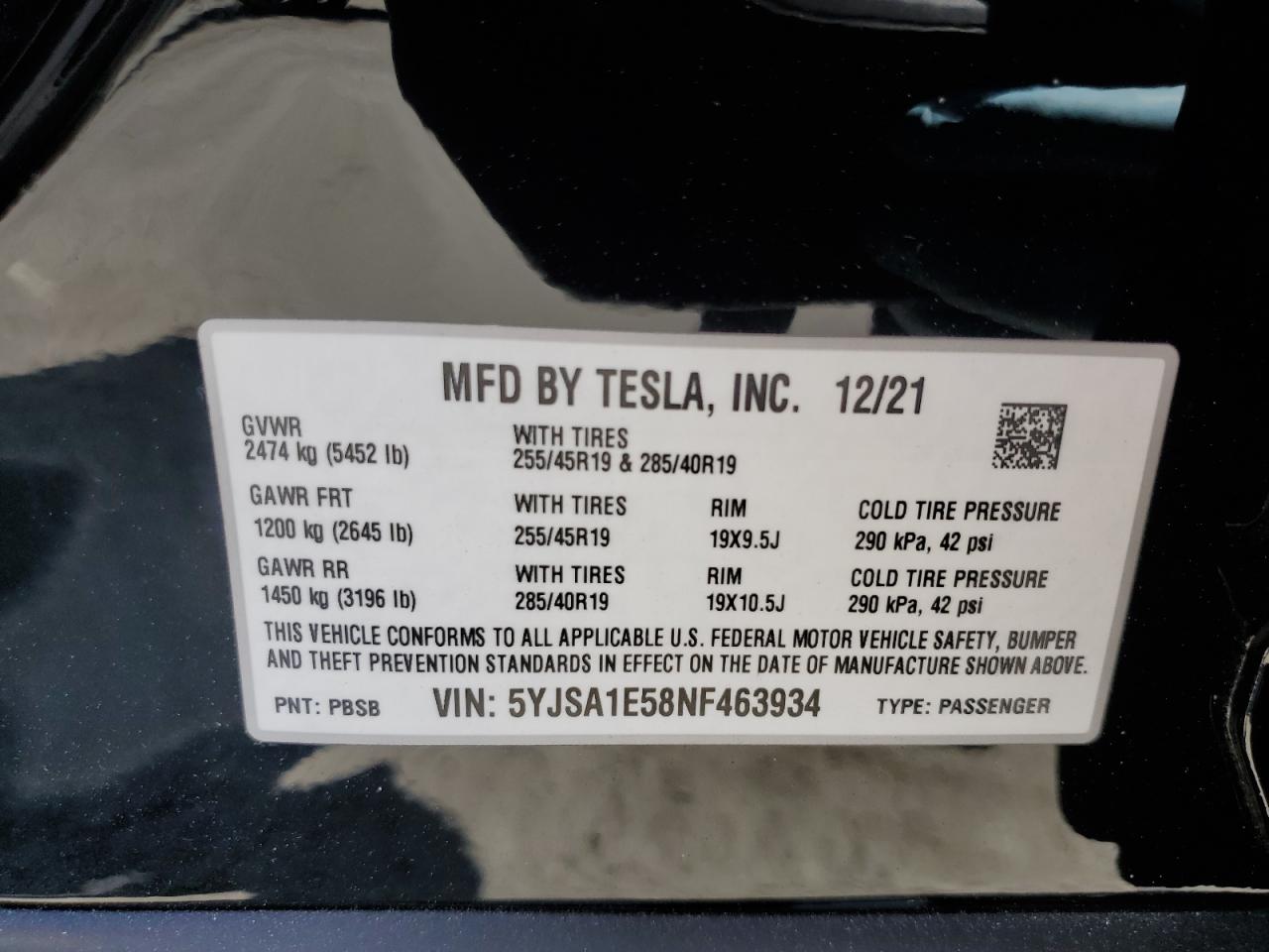 2022 TESLA MODEL S VIN:5YJSA1E58NF463934
