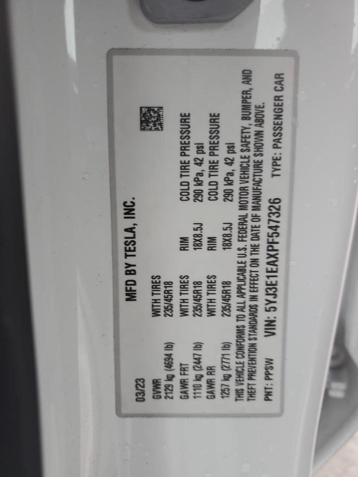 2023 TESLA MODEL 3 VIN:5YJ3E1EAXPF547326