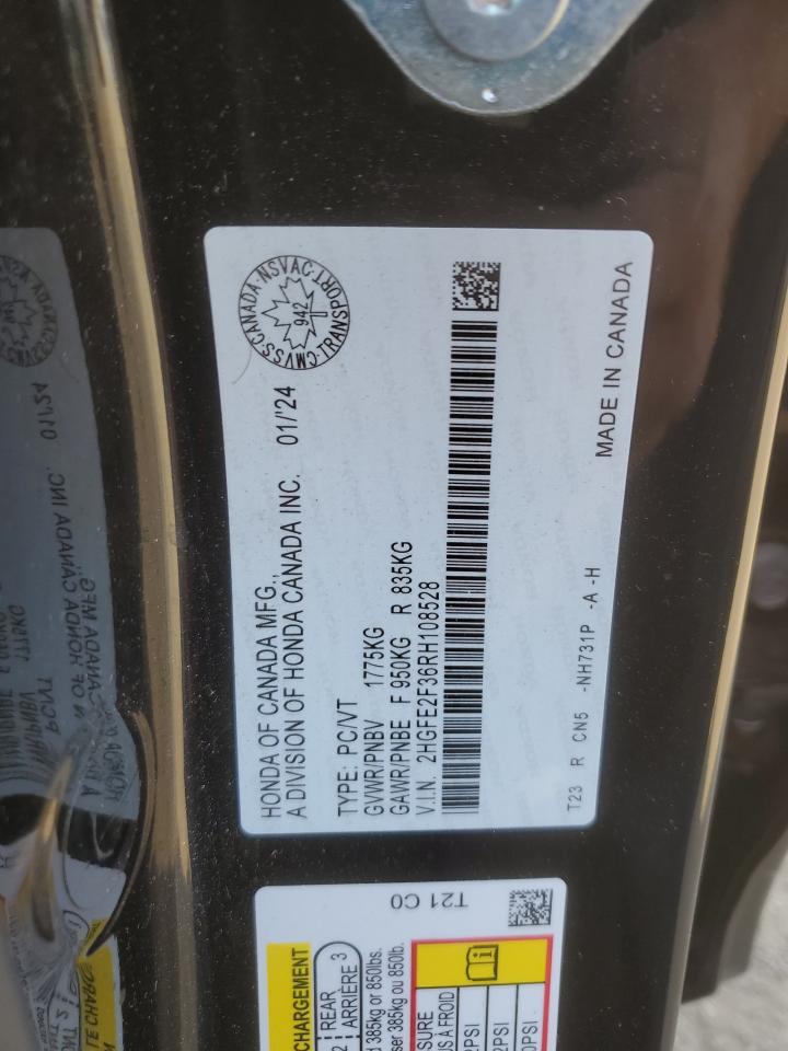 2024 HONDA CIVIC EX VIN:2HGFE2F36RH108528