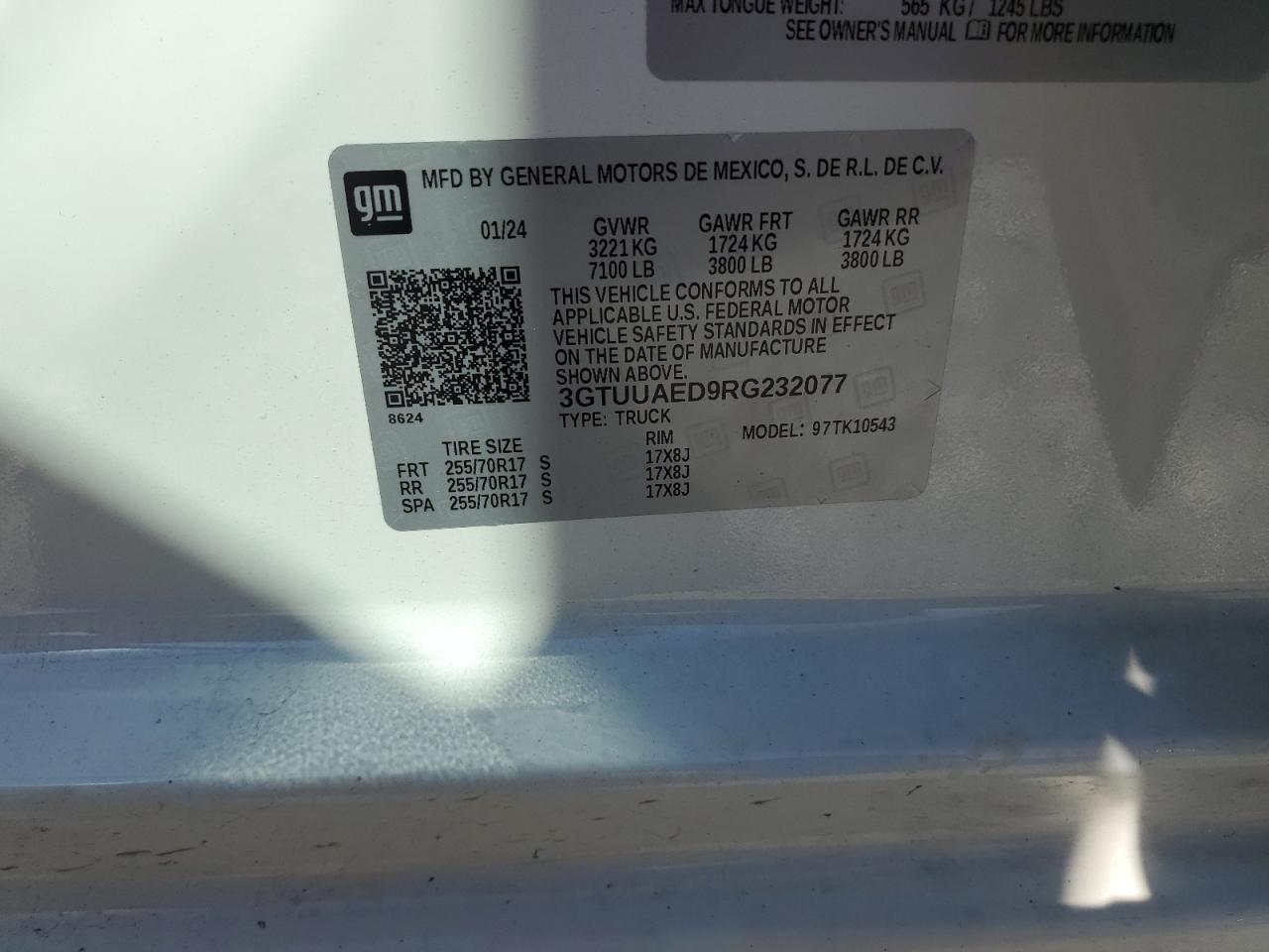 2024 GMC SIERRA K1500 VIN:3GTUUAED9RG232077