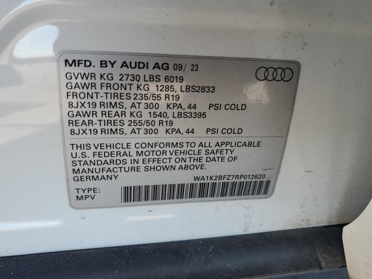 2024 AUDI Q4 E-TRON PREMIUM VIN:WA1K2BFZ7RP012620