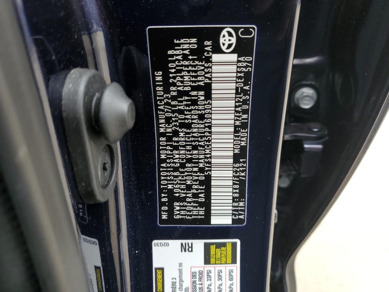 2023 TOYOTA COROLLA SE VIN:5YFS4MCE5PP160905