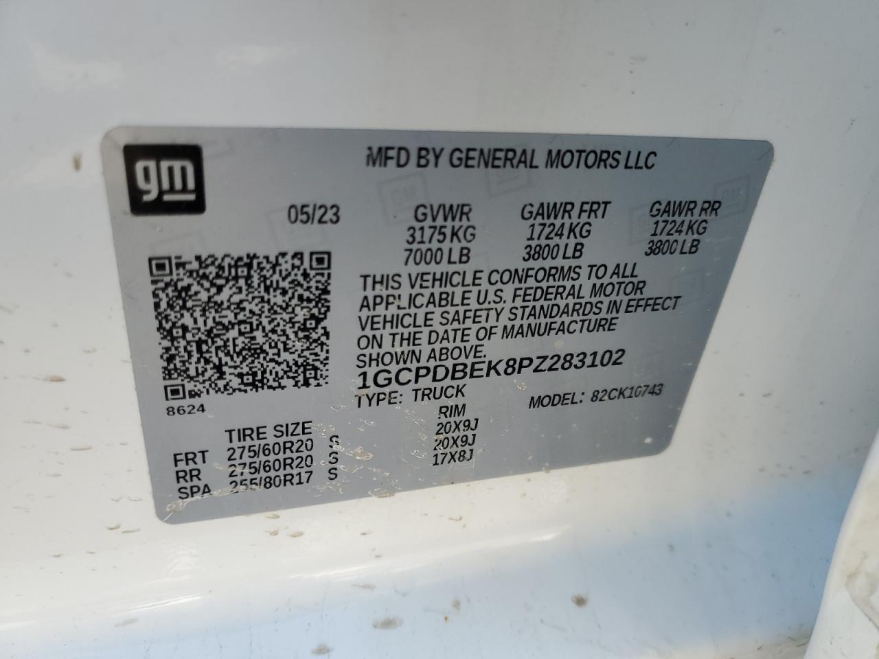 2023 CHEVROLET SILVERADO K1500 CUSTOM VIN:1GCPDBEK8PZ283102