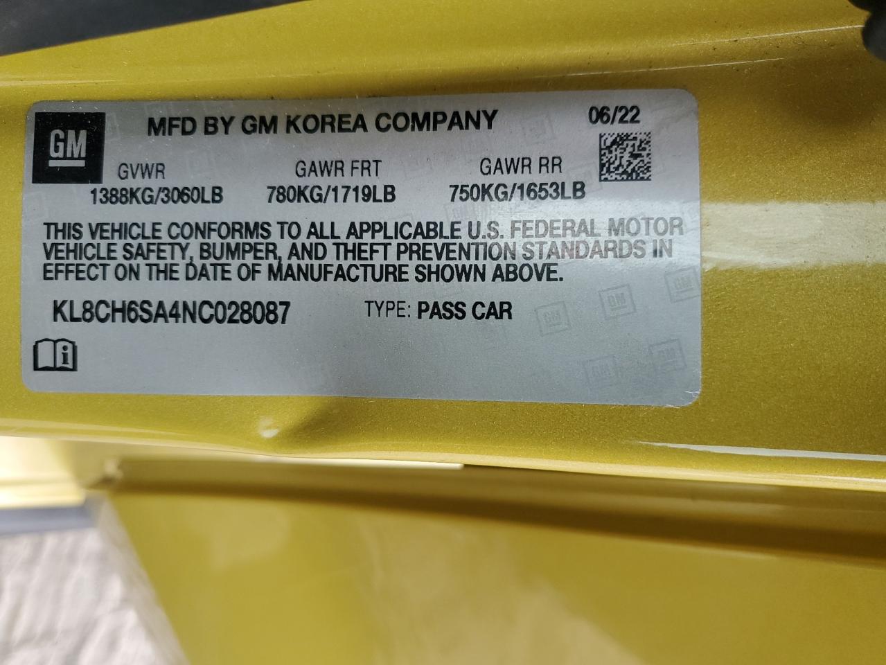 2022 CHEVROLET SPARK ACTIV VIN:KL8CH6SA4NC028087