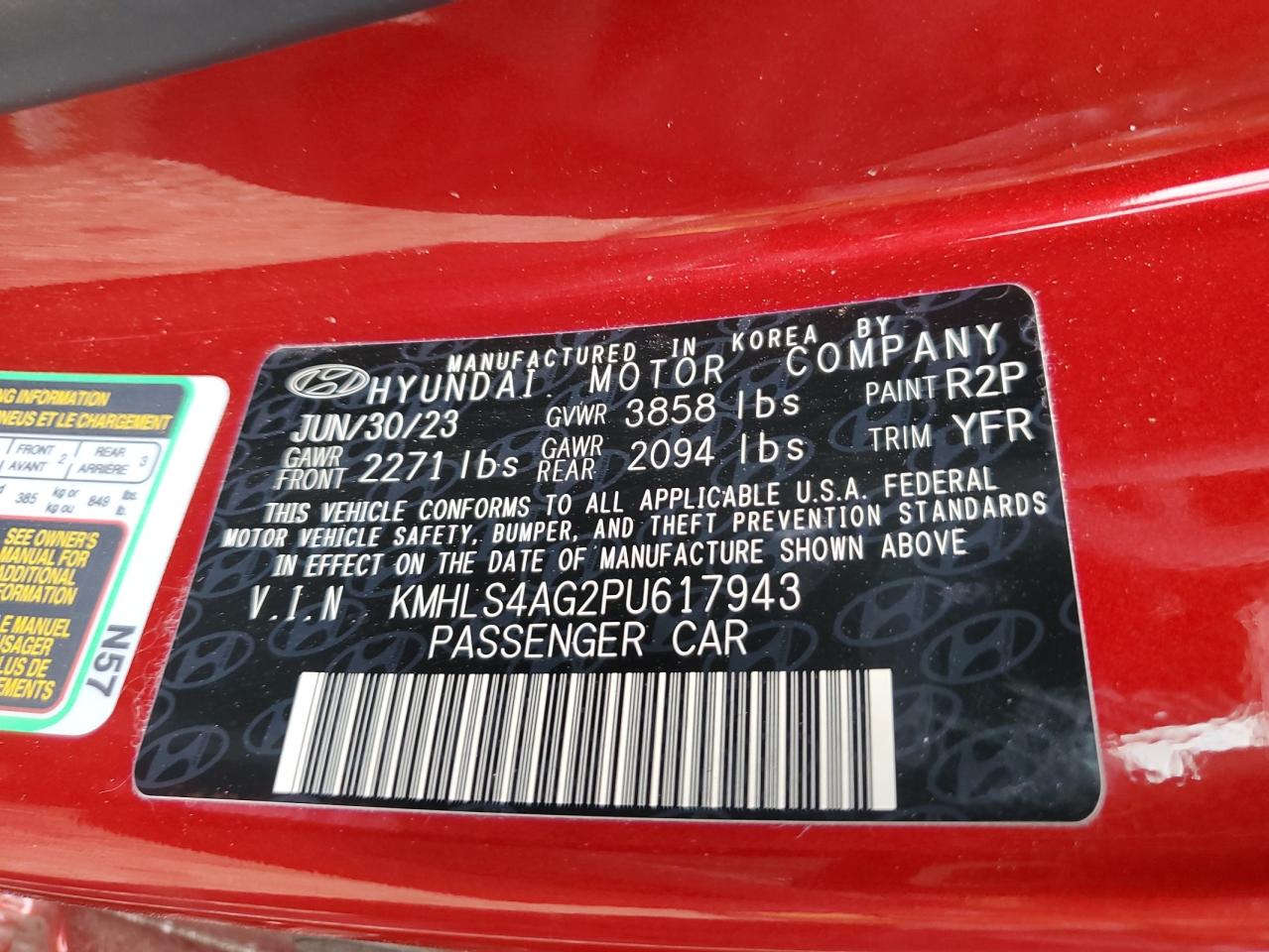 2023 HYUNDAI ELANTRA SEL VIN:KMHLS4AG2PU617943
