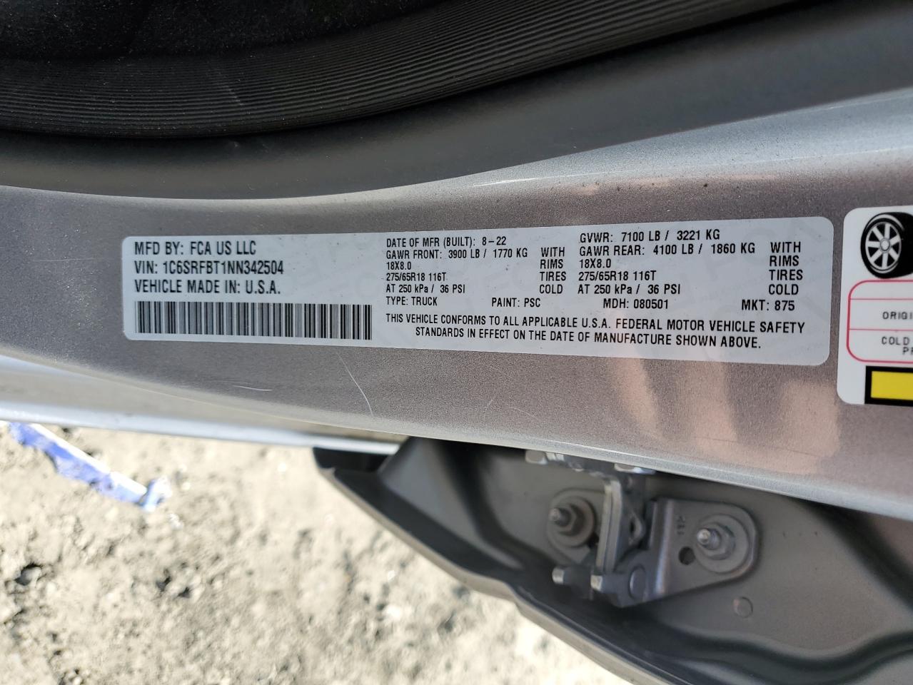 2022 RAM 1500 BIG HORN/LONE STAR VIN:1C6SRFBT1NN342504