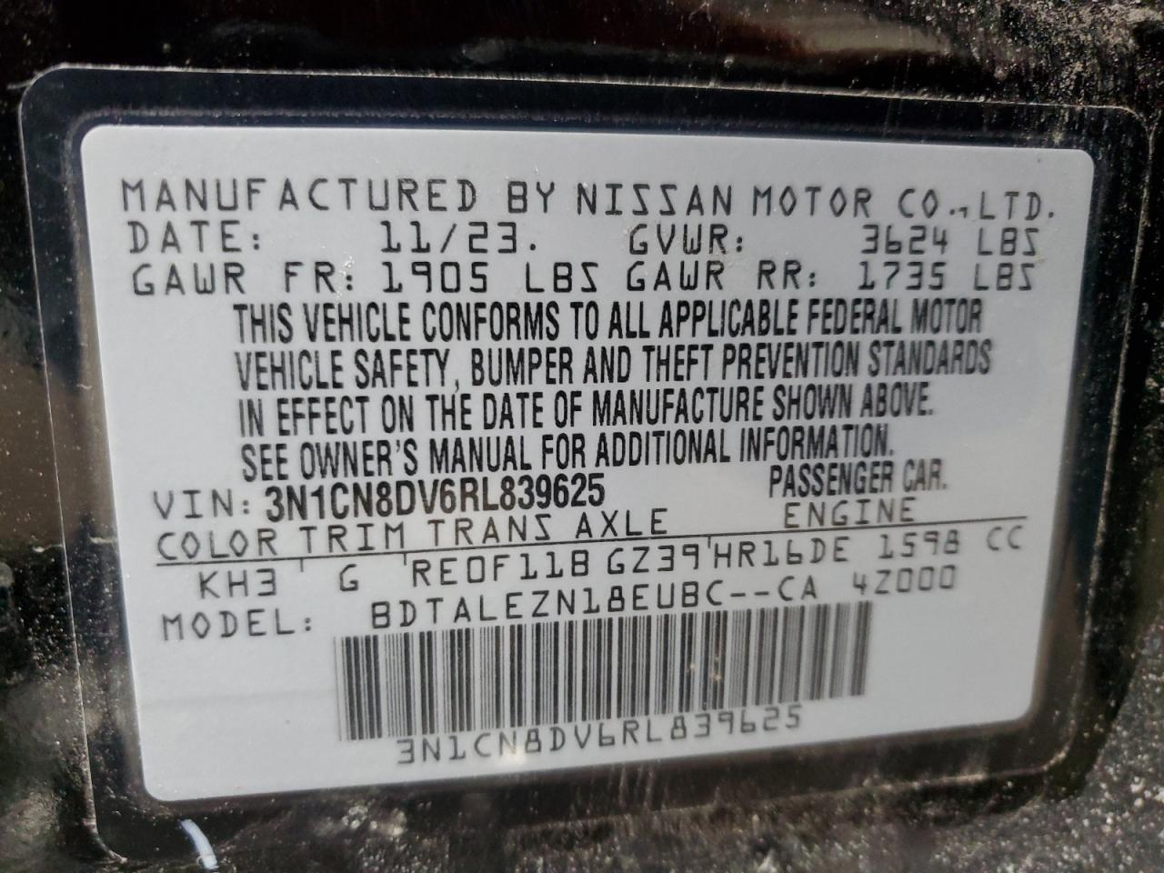 2024 NISSAN VERSA S VIN:3N1CN8DV6RL839625