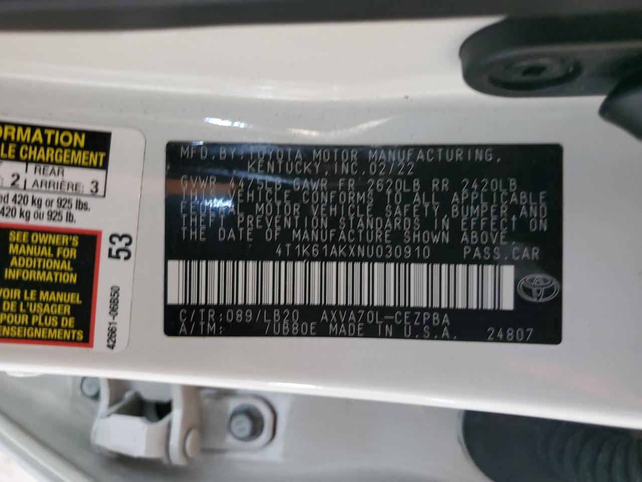 2022 TOYOTA CAMRY XSE VIN:4T1K61AKXNU030910