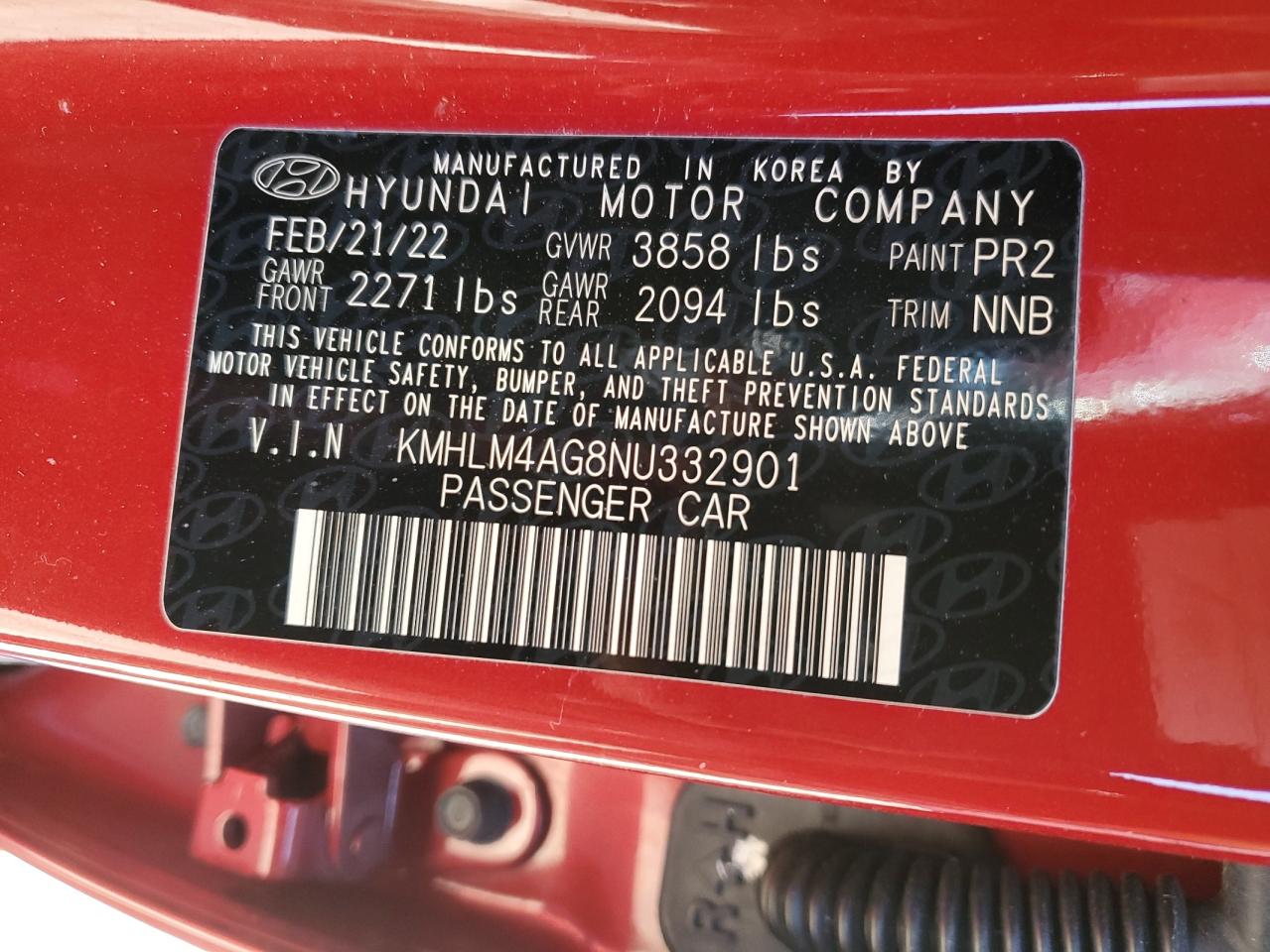 2022 HYUNDAI ELANTRA SEL VIN:KMHLM4AG8NU332901