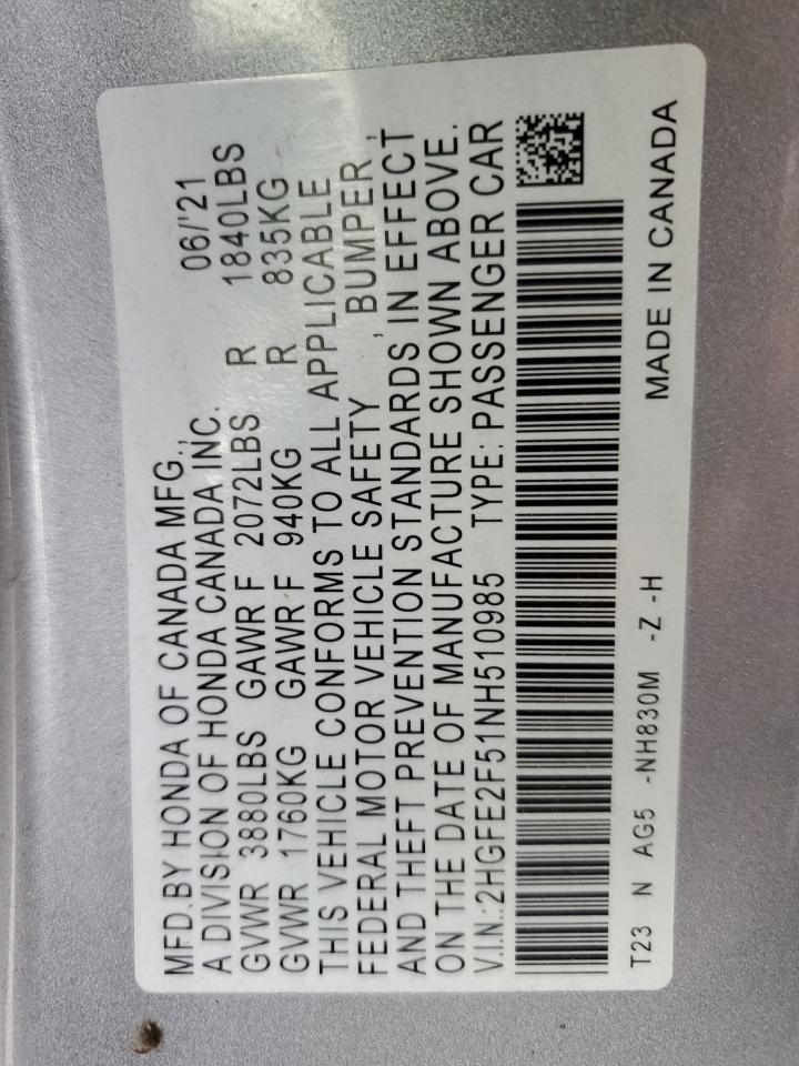 2022 HONDA CIVIC SPORT VIN:2HGFE2F51NH510985