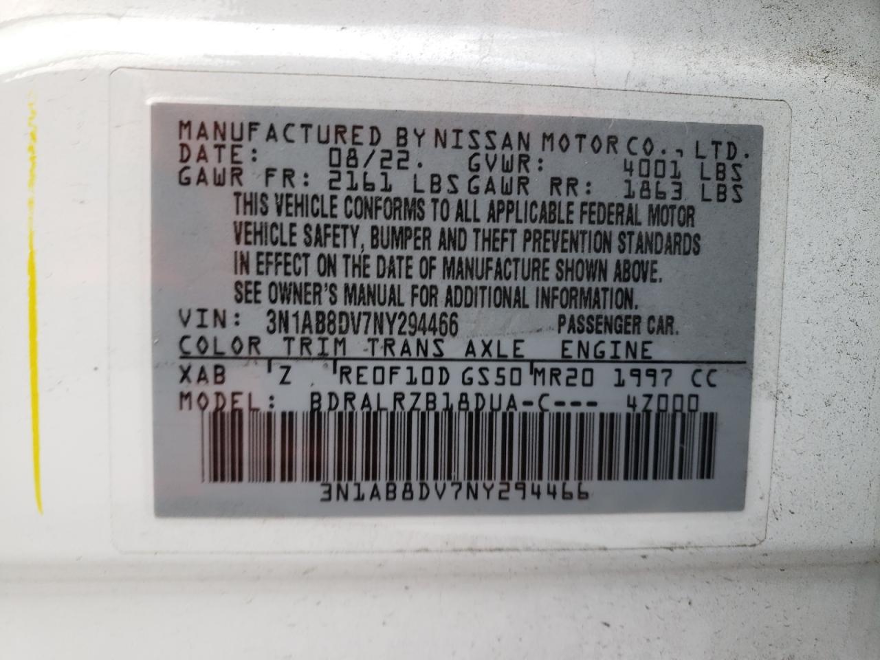 2022 NISSAN SENTRA SR VIN:3N1AB8DV7NY294466