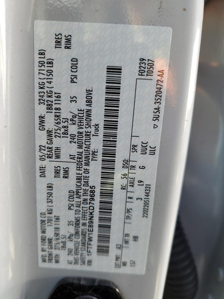 2022 FORD F150 SUPERCREW VIN:1FTFW1E89NKD79685