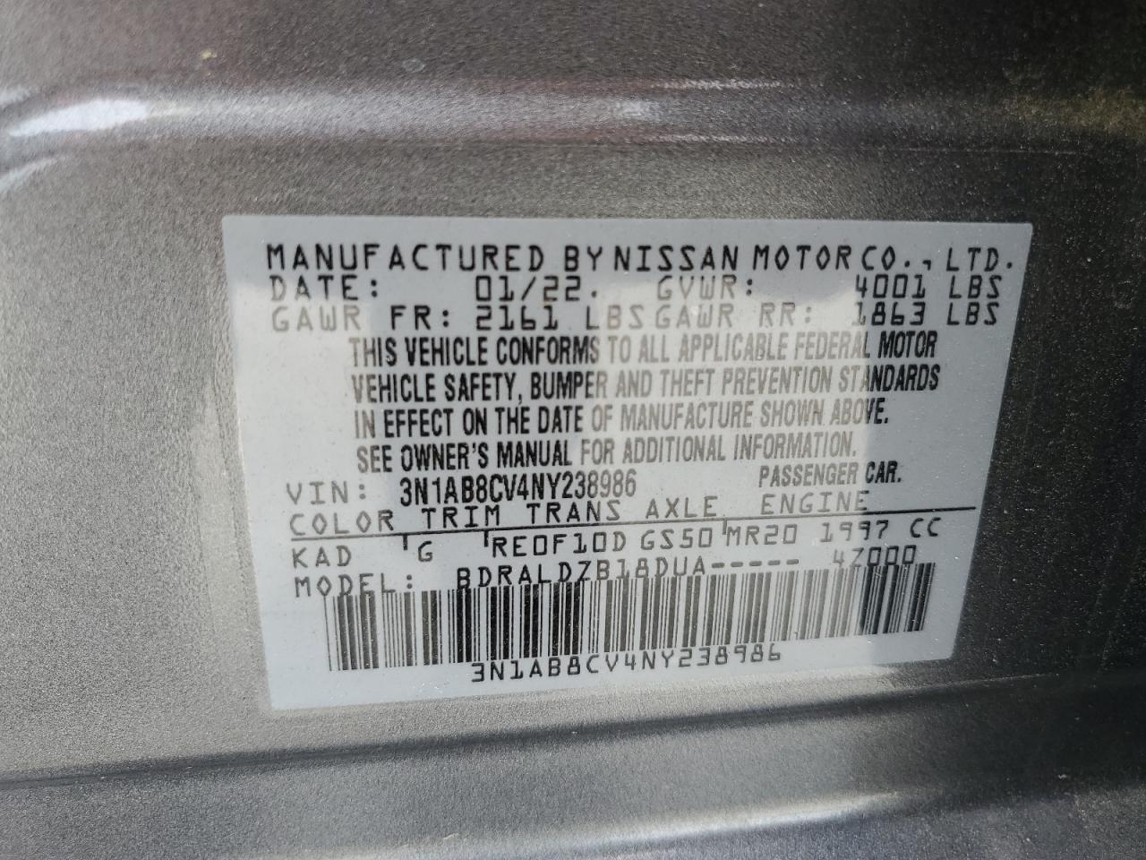 2022 NISSAN SENTRA SV VIN:3N1AB8CV4NY238986