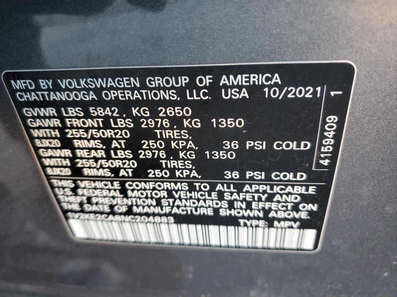 2022 VOLKSWAGEN ATLAS CROSS SPORT SE VIN:1V2KE2CA8NC204883