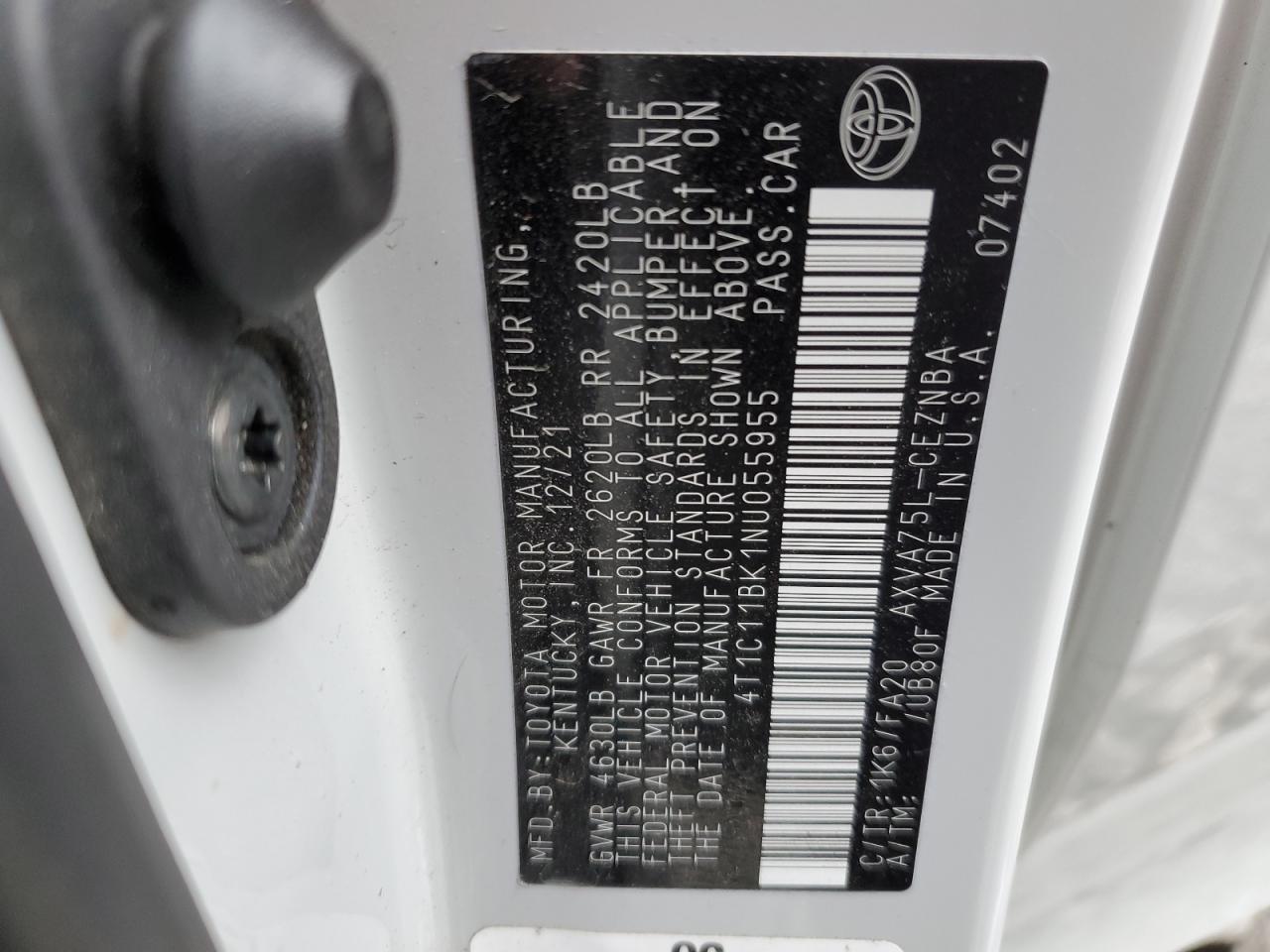 2022 TOYOTA CAMRY LE VIN:4T1C11BK1NU055955