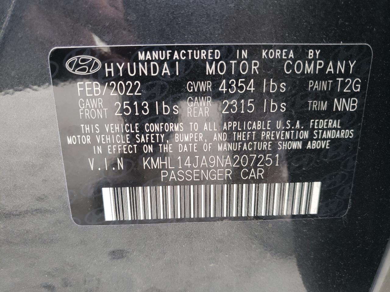 2022 HYUNDAI SONATA SEL VIN:KMHL14JA9NA207251
