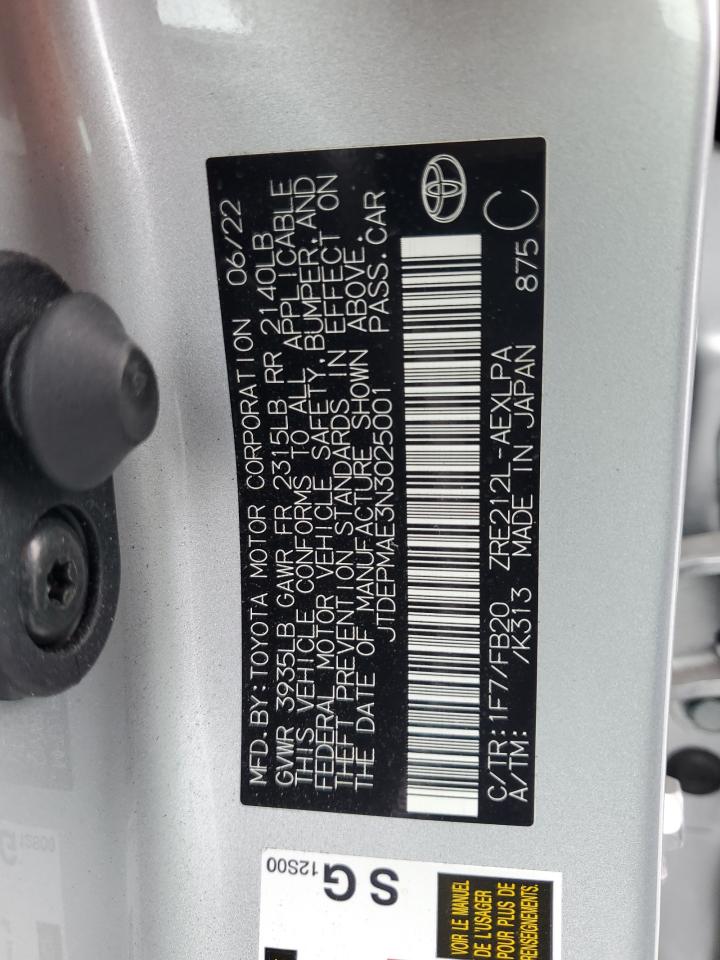 2022 TOYOTA COROLLA LE VIN:JTDEPMAE3N3025001