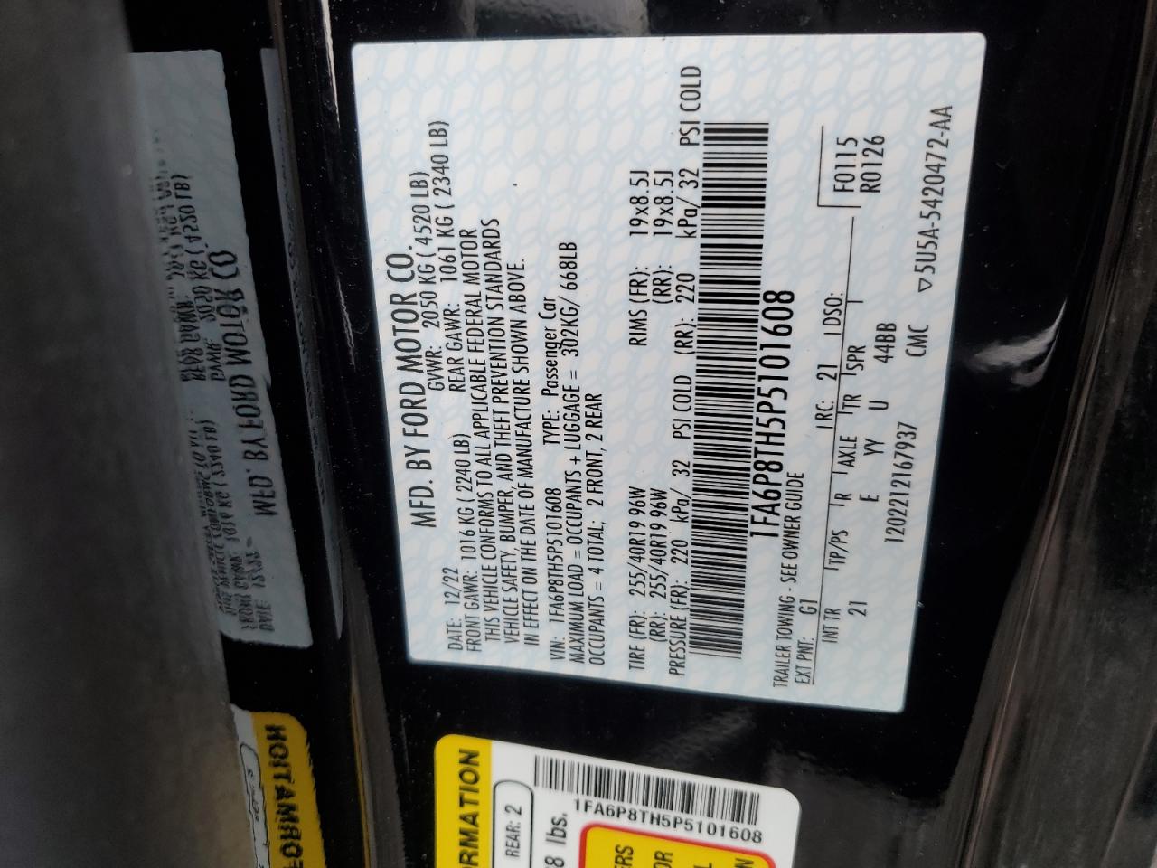 2023 FORD MUSTANG VIN:1FA6P8TH5P5101608