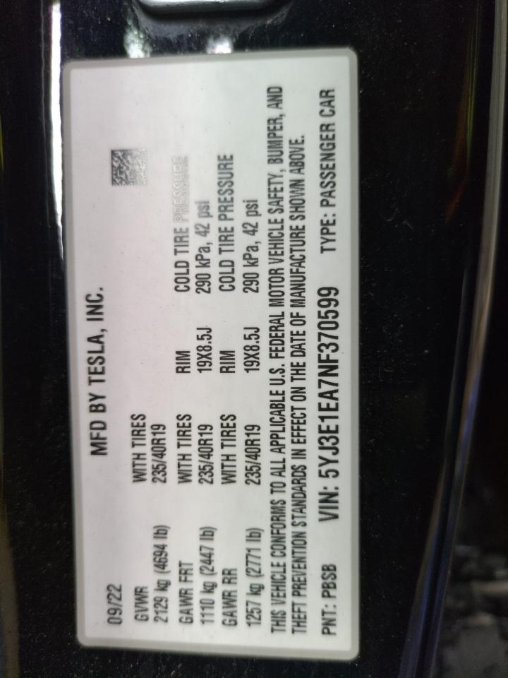 2022 TESLA MODEL 3 VIN:5YJ3E1EA7NF370599