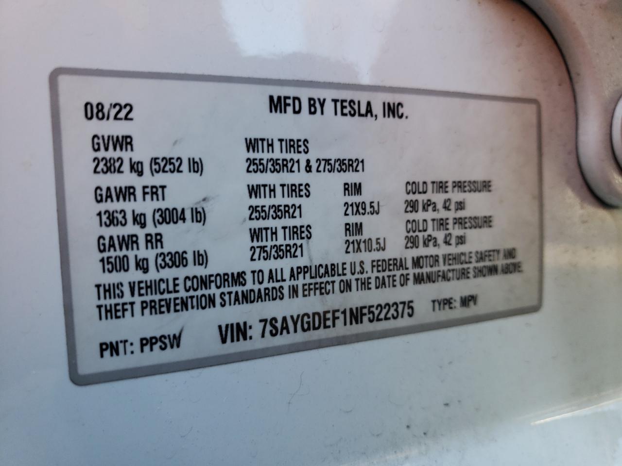 2022 TESLA MODEL Y VIN:7SAYGDEF1NF522375