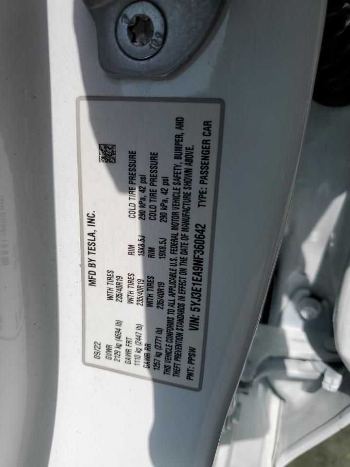 2022 TESLA MODEL 3 VIN:5YJ3E1EA9NF360642